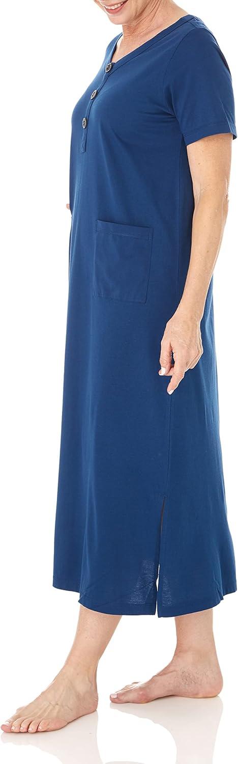 imageAmeriMark Womens Caftan Loungwear House Dress Long Nightgown V Neck with PocketsNavy