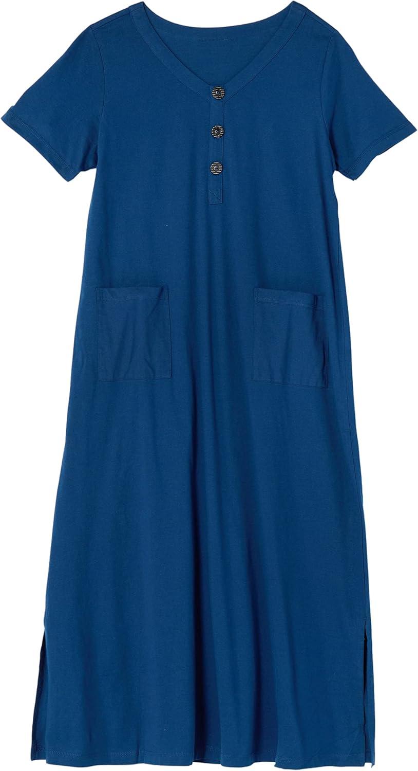 imageAmeriMark Womens Caftan Loungwear House Dress Long Nightgown V Neck with PocketsNavy