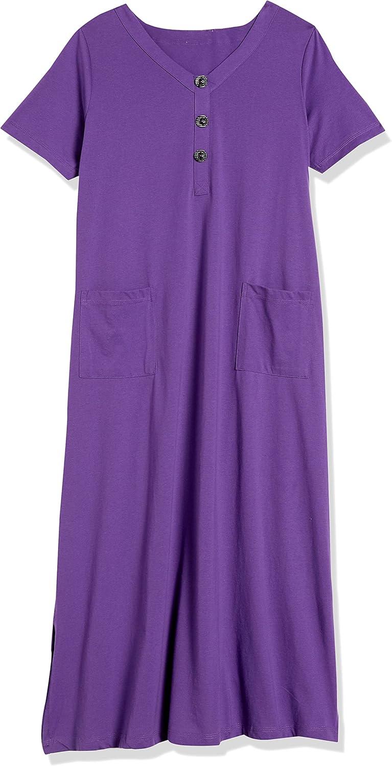 imageAmeriMark Womens Caftan Loungwear House Dress Long Nightgown V Neck with PocketsPurple