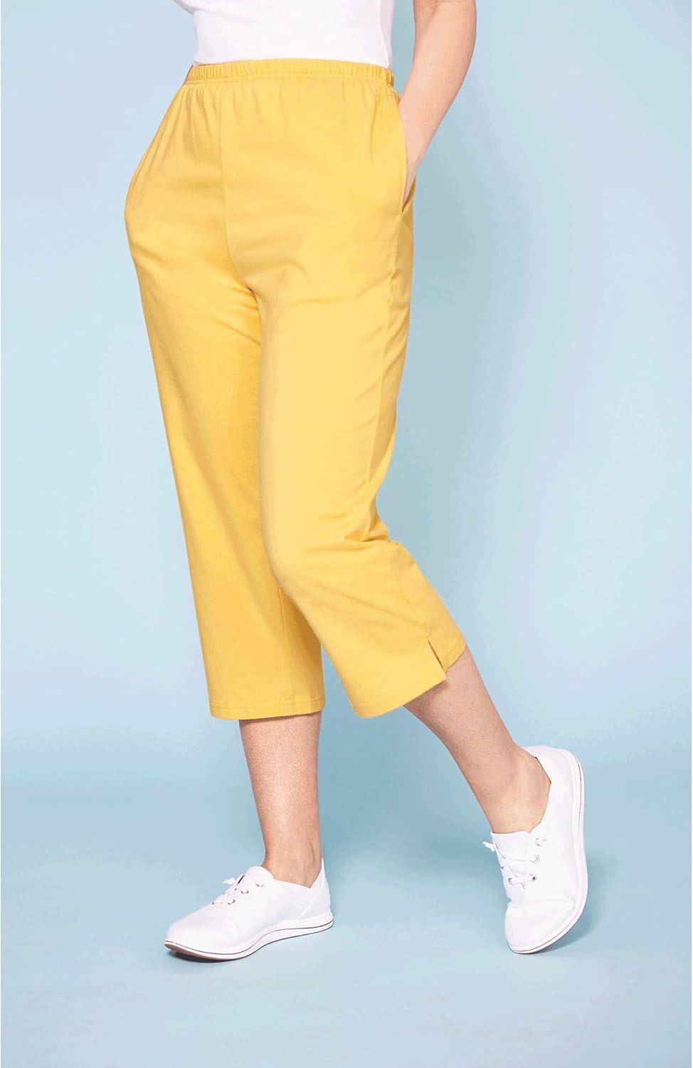 imageAmeriMark Womens Capri Pants Full Elastic Waist Pedal Pushers Ladies 100 Cotton PullOn Cropped Pants Side PocketsCornsilk