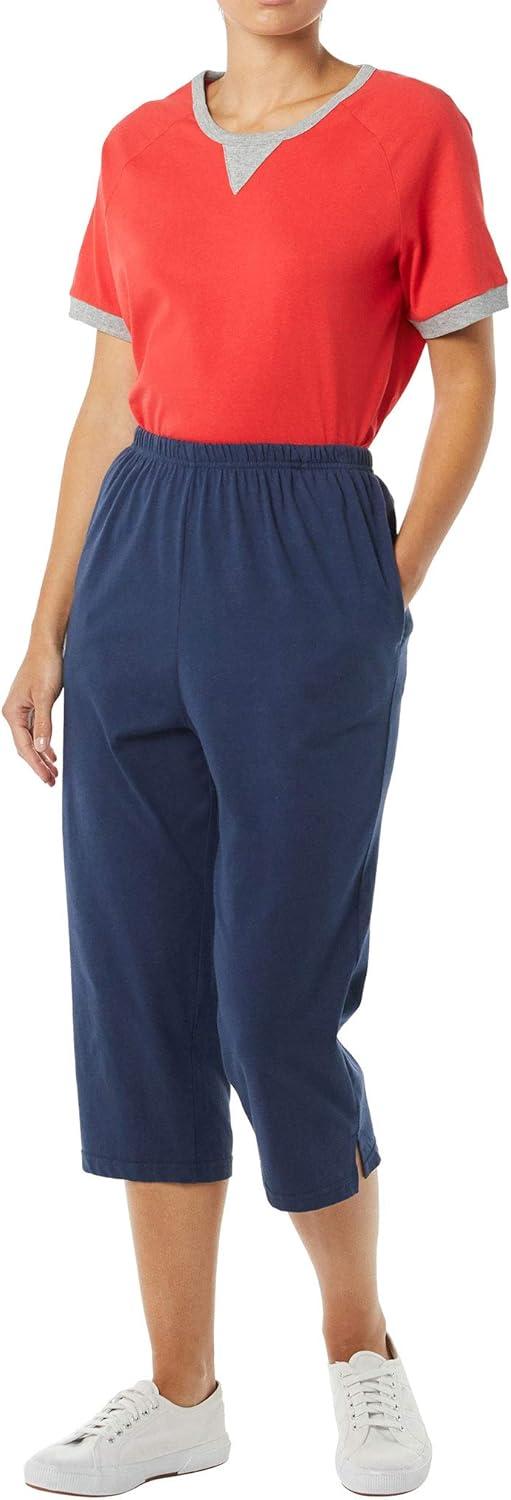 imageAmeriMark Womens Capri Pants Full Elastic Waist Pedal Pushers Ladies 100 Cotton PullOn Cropped Pants Side PocketsNavy