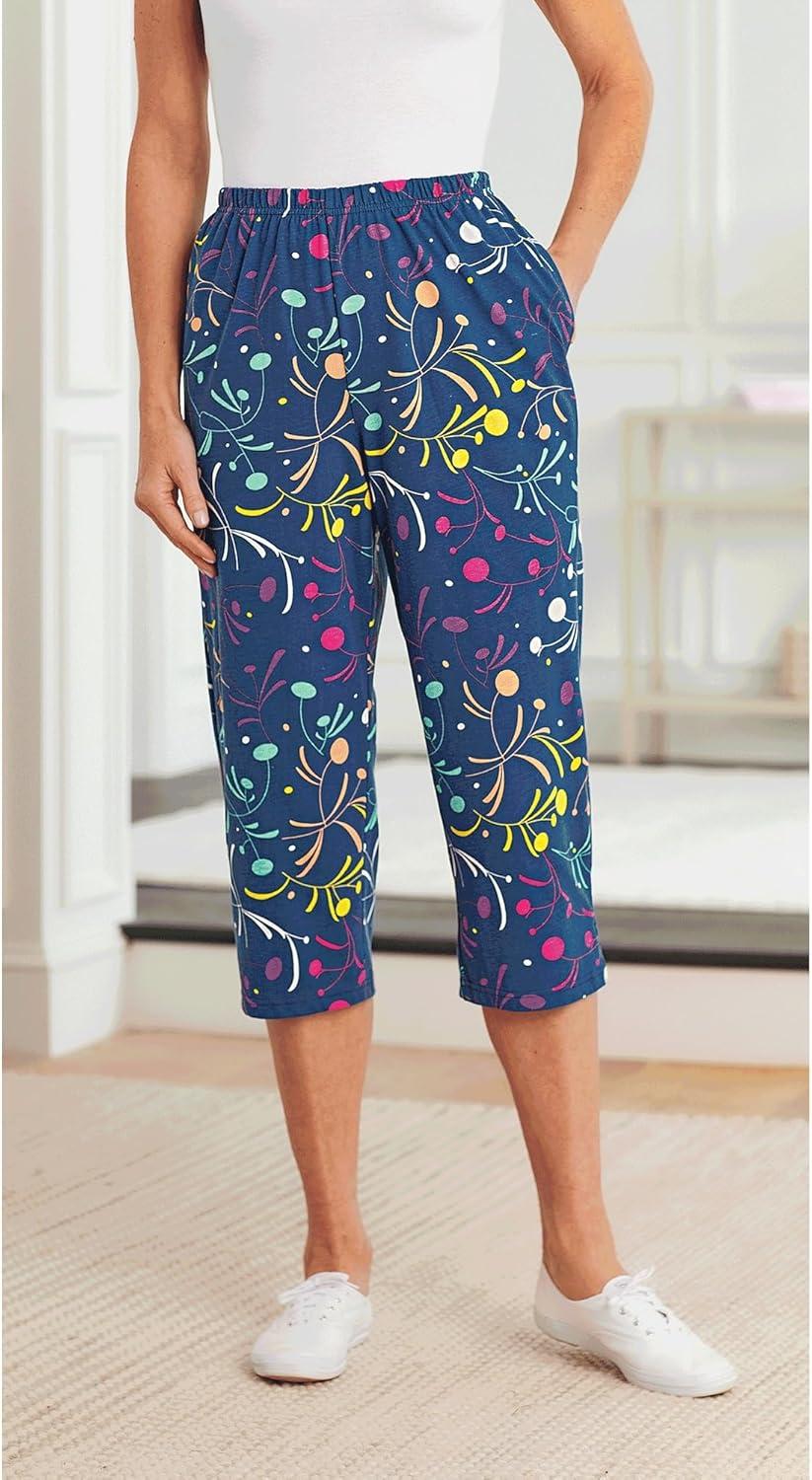 imageAmeriMark Womens Capri Pants Full Elastic Waist Pedal Pushers Ladies 100 Cotton PullOn Cropped Pants Side PocketsPrint