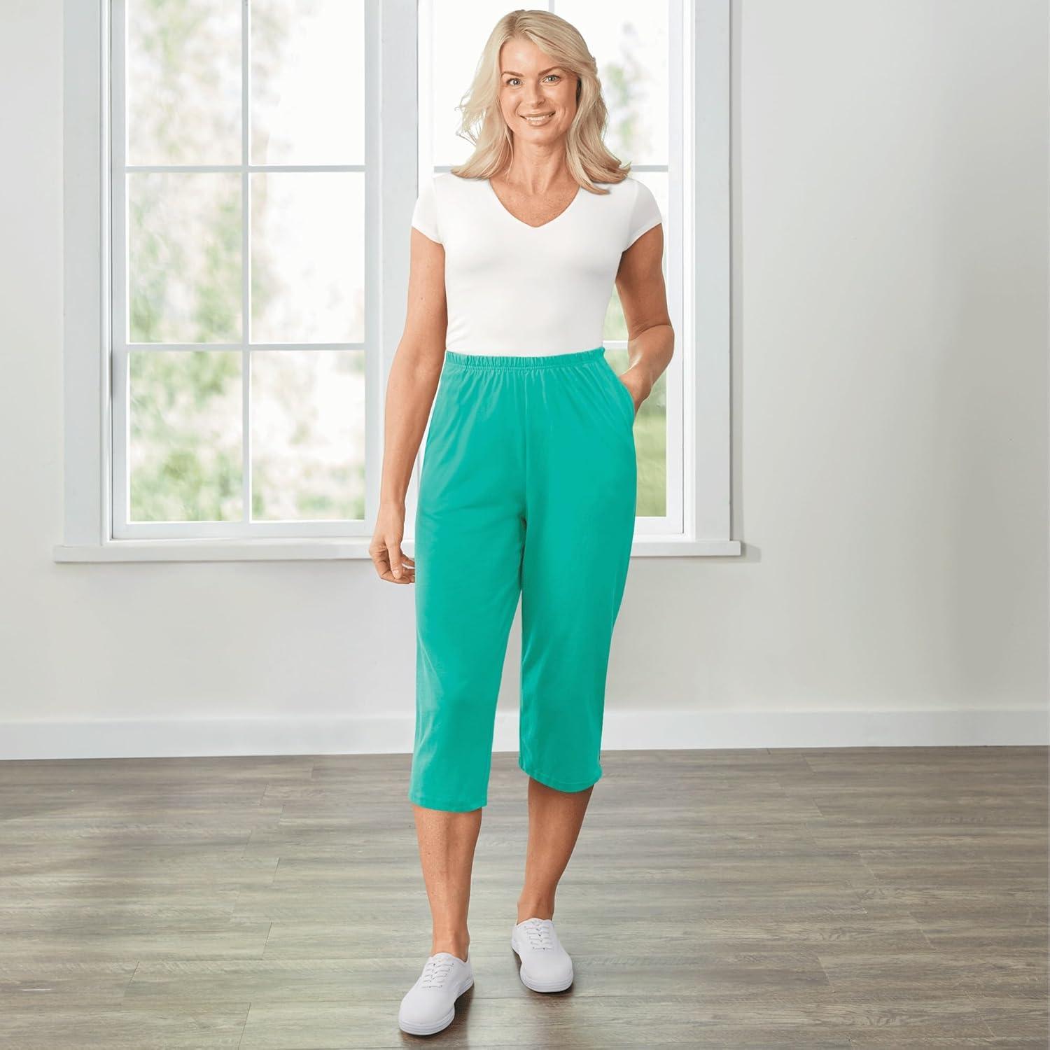 imageAmeriMark Womens Capri Pants Full Elastic Waist Pedal Pushers Ladies 100 Cotton PullOn Cropped Pants Side PocketsSea Green