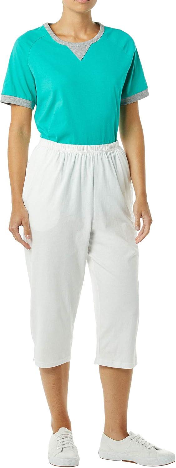 imageAmeriMark Womens Capri Pants Full Elastic Waist Pedal Pushers Ladies 100 Cotton PullOn Cropped Pants Side PocketsWhite