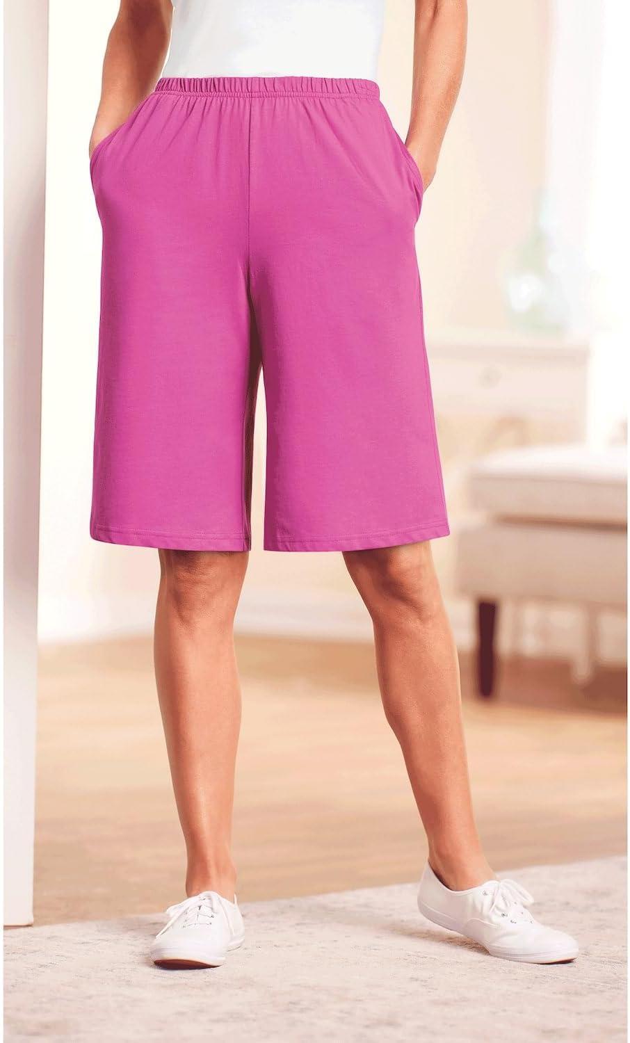 imageAmeriMark Womens Full Elastic Waist Athletic Bermuda Shorts Ladies 100 Cotton PullOn Golf Shorts with PocketsMulberry