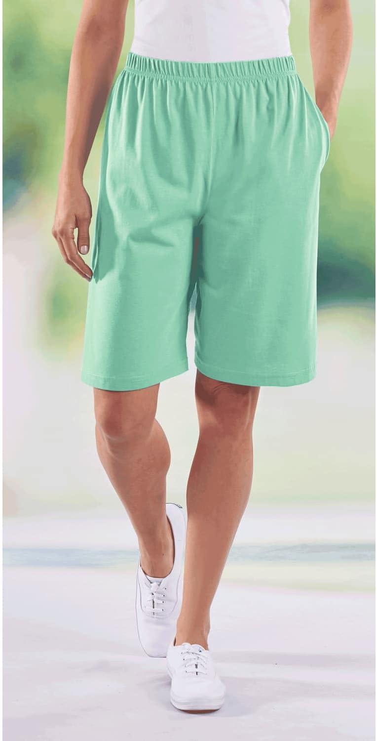 imageAmeriMark Womens Full Elastic Waist Athletic Bermuda Shorts Ladies 100 Cotton PullOn Golf Shorts with PocketsSea Green