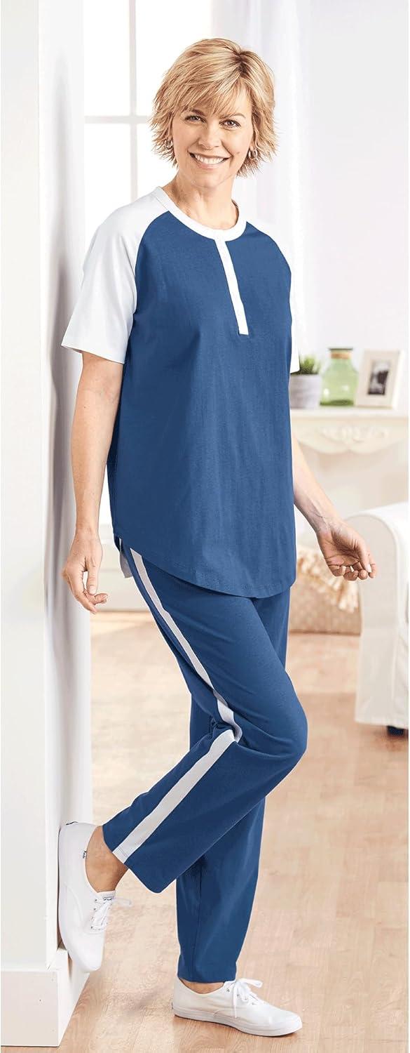 imageAmeriMark Womens Henley Baseball Shirt Tunic Top Contrast SleevesNavy White