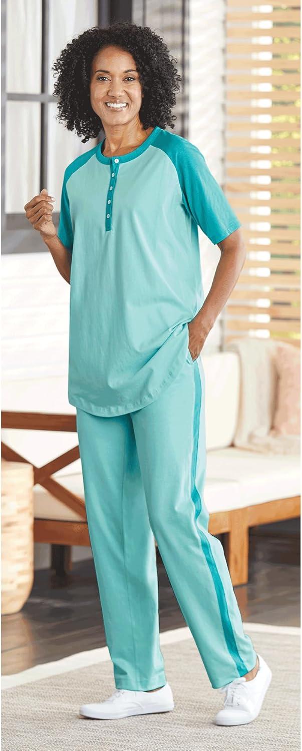 imageAmeriMark Womens Henley Baseball Shirt Tunic Top Contrast SleevesSeaglass Ceramic