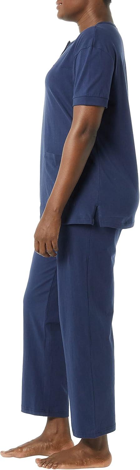 imageAmeriMark Womens Henley Pant Set Short Sleeve Top with Pocket amp PullOn PantsNavy