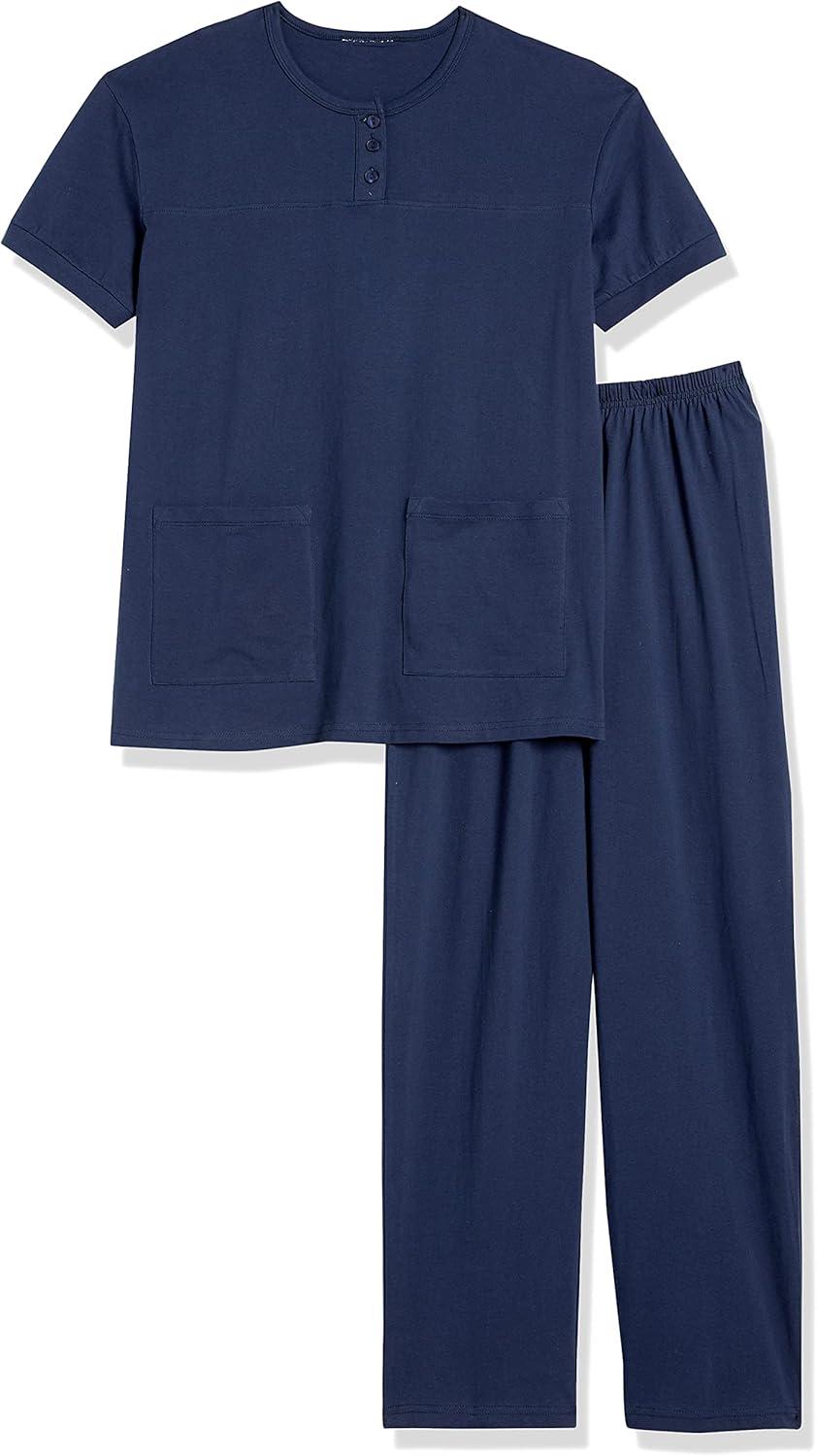 imageAmeriMark Womens Henley Pant Set Short Sleeve Top with Pocket amp PullOn PantsNavy