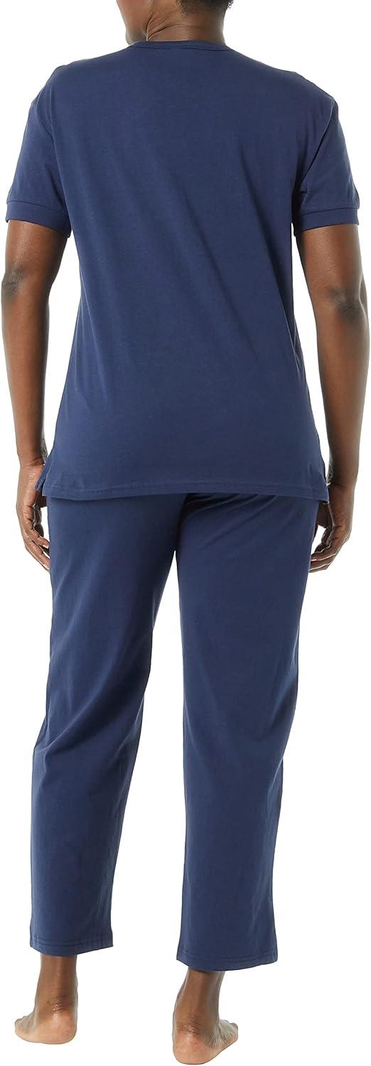imageAmeriMark Womens Henley Pant Set Short Sleeve Top with Pocket amp PullOn PantsNavy