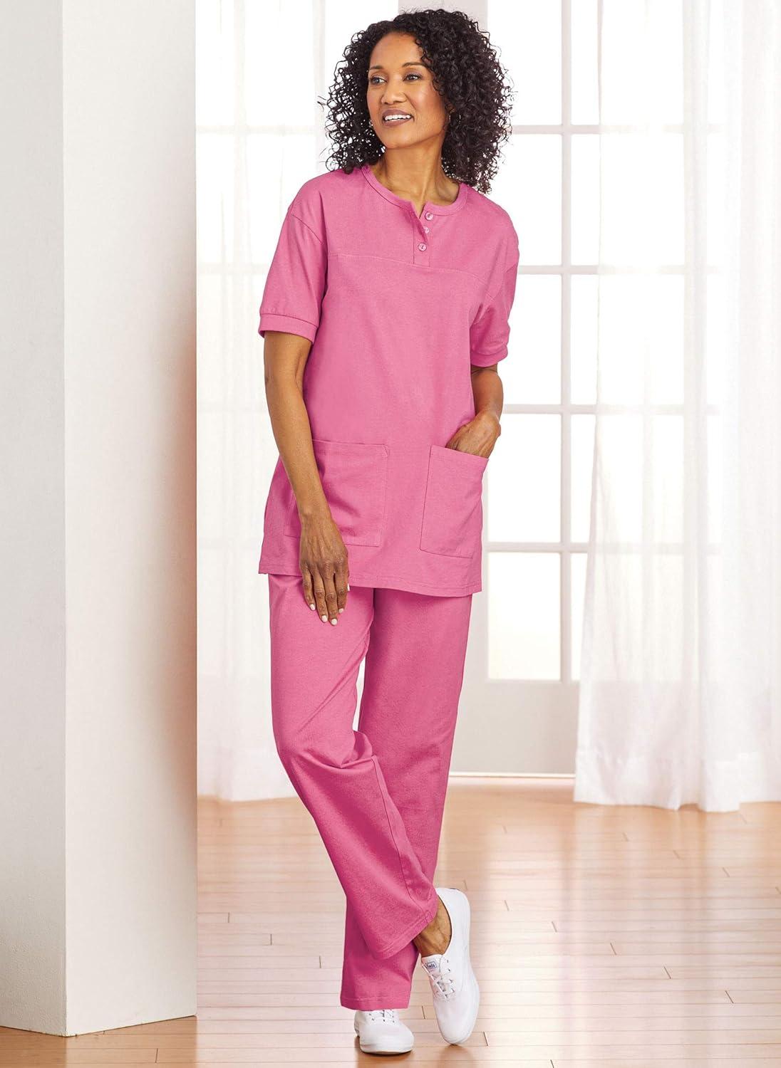 imageAmeriMark Womens Henley Pant Set Short Sleeve Top with Pocket amp PullOn PantsRosette