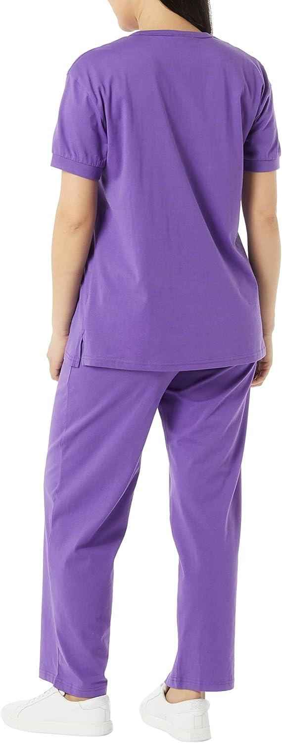 imageAmeriMark Womens Henley Pant Set Short Sleeve Top with Pocket amp PullOn PantsViolet