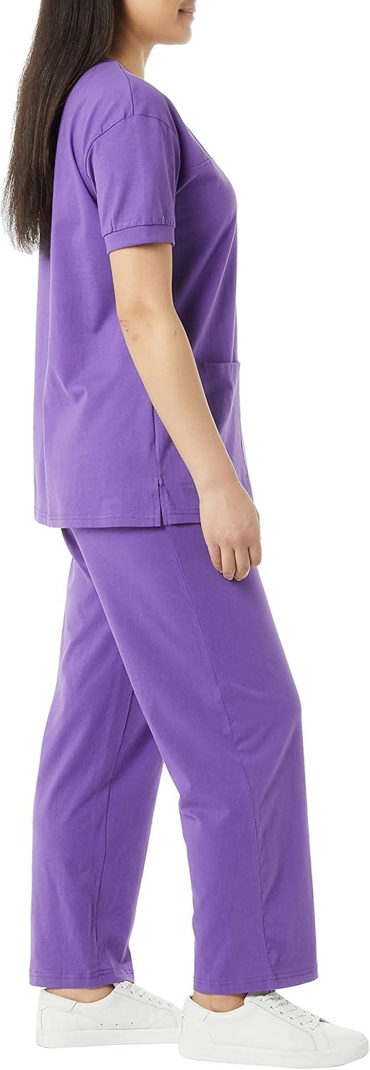 imageAmeriMark Womens Henley Pant Set Short Sleeve Top with Pocket amp PullOn PantsViolet