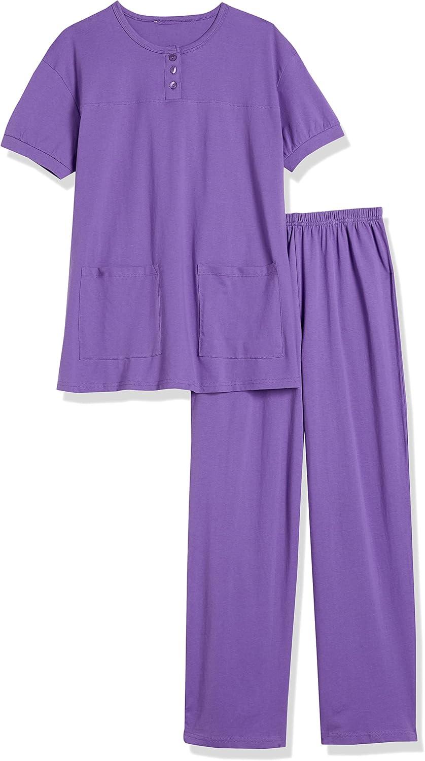 imageAmeriMark Womens Henley Pant Set Short Sleeve Top with Pocket amp PullOn PantsViolet