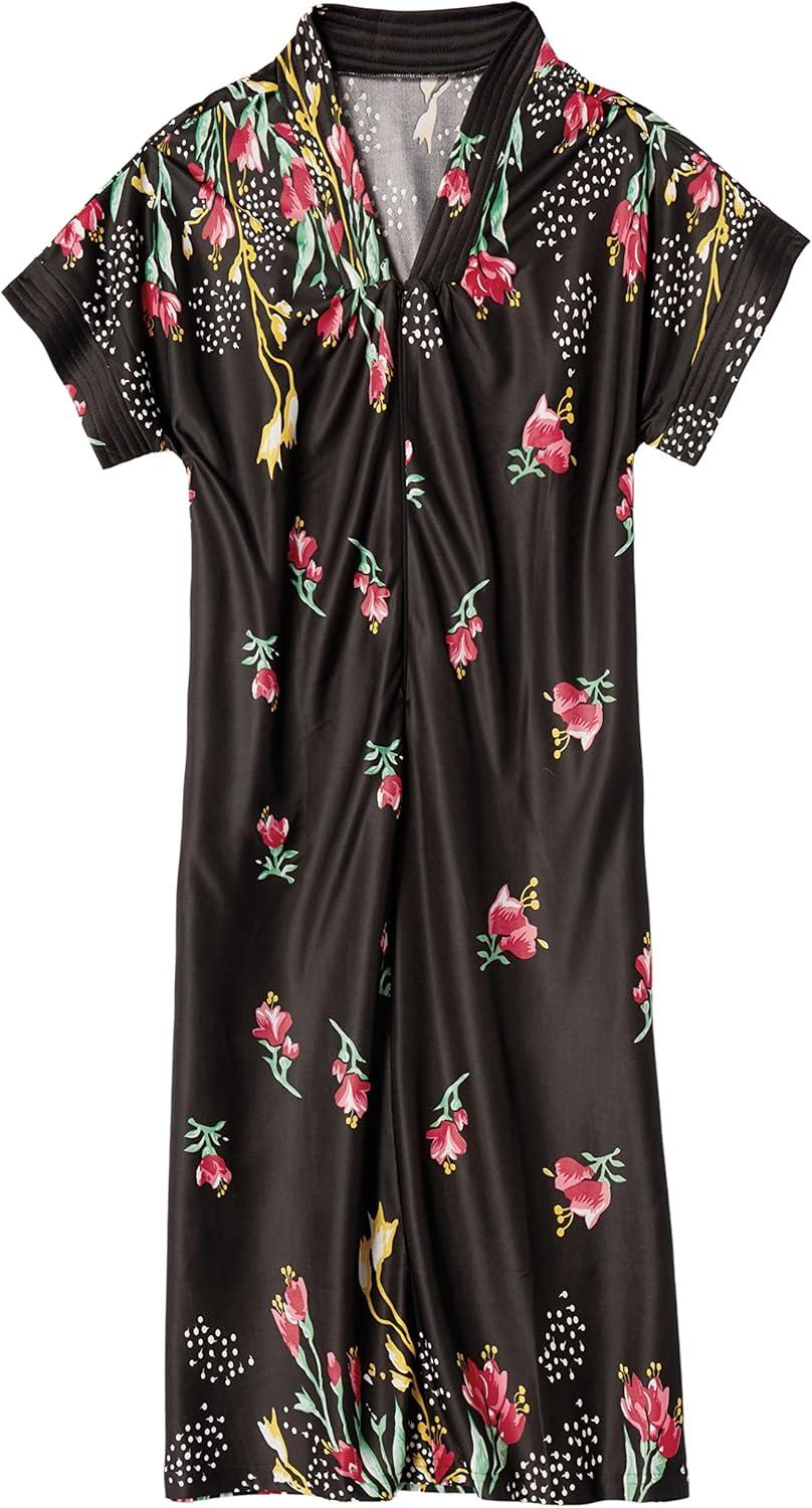 imageAmeriMark Womens Long Length Caftan Hawaiian Muu Muu Night Gown with PocketBlack Floral