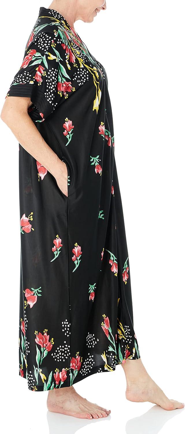 imageAmeriMark Womens Long Length Caftan Hawaiian Muu Muu Night Gown with PocketBlack Floral