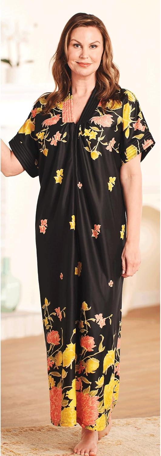 imageAmeriMark Womens Long Length Caftan Hawaiian Muu Muu Night Gown with PocketBlack Multi