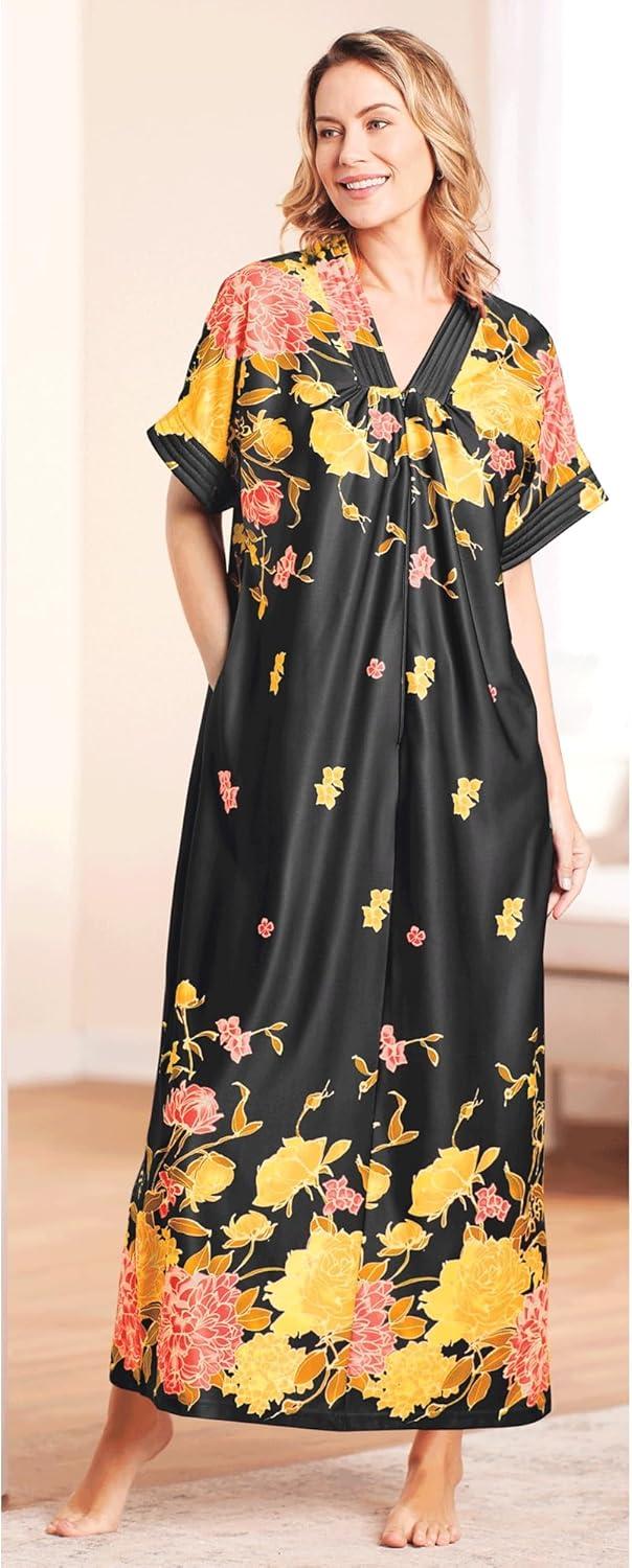 imageAmeriMark Womens Long Length Caftan Hawaiian Muu Muu Night Gown with PocketBlack Multi