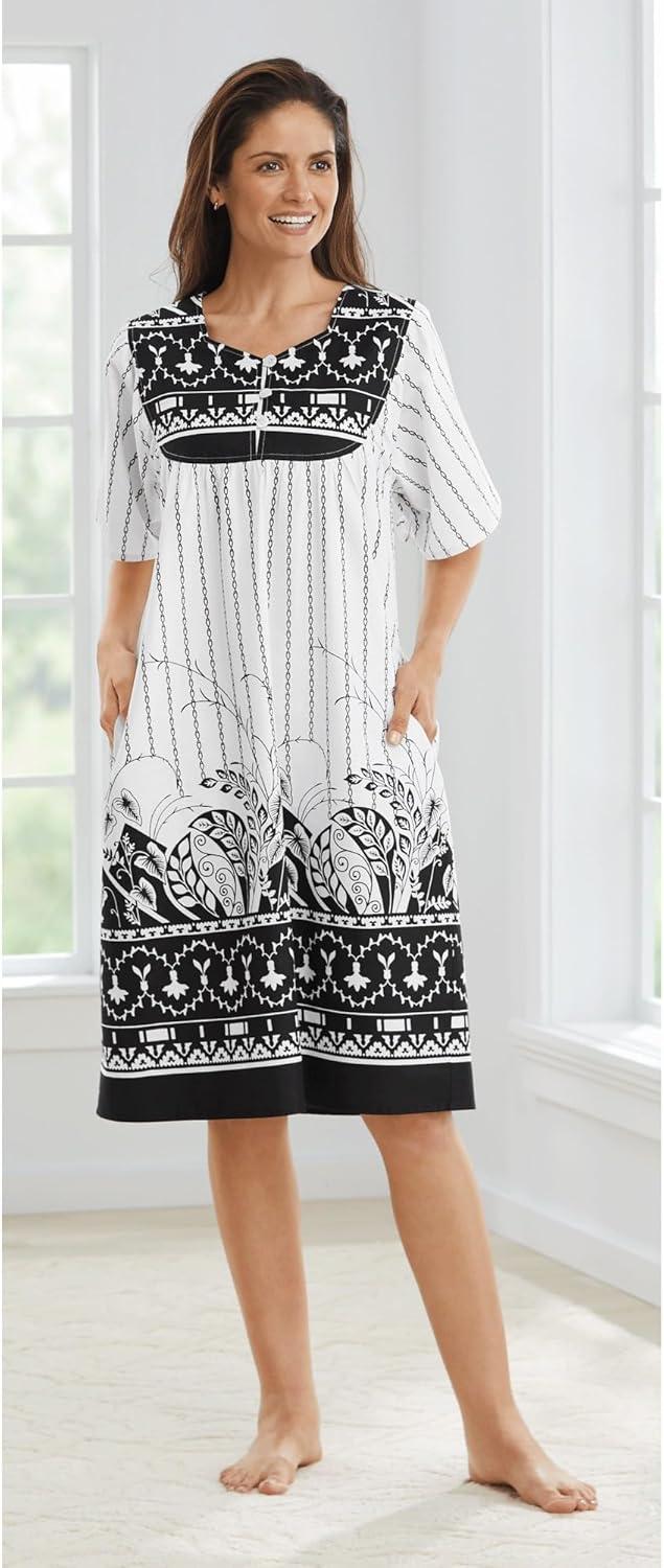 imageAmeriMark Womens Patio Dress Lounger Floral Print Border Short Sleeve amp PocketsBlackWhite Border