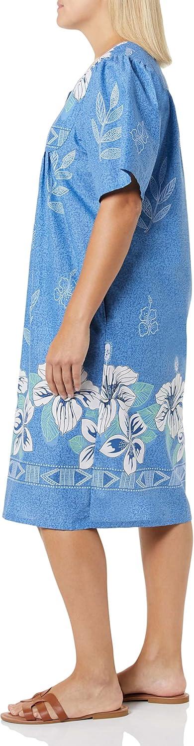 imageAmeriMark Womens Patio Dress Lounger Floral Print Border Short Sleeve amp PocketsFrench Blue