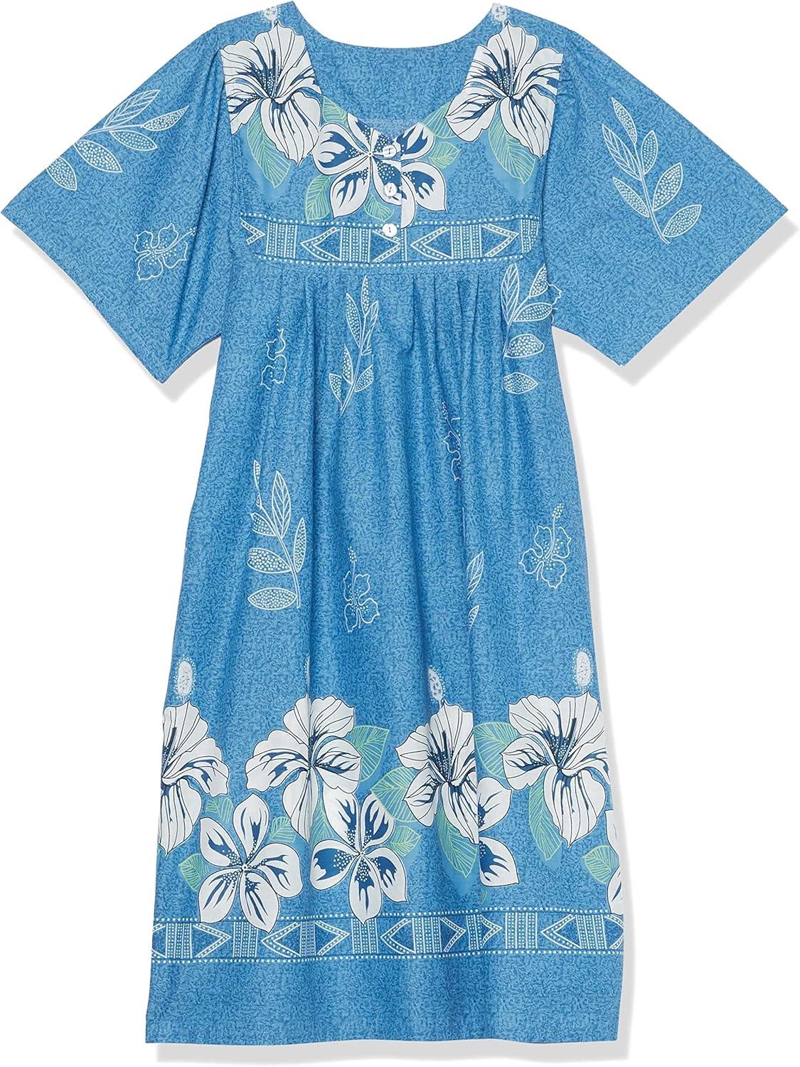 imageAmeriMark Womens Patio Dress Lounger Floral Print Border Short Sleeve amp PocketsFrench Blue