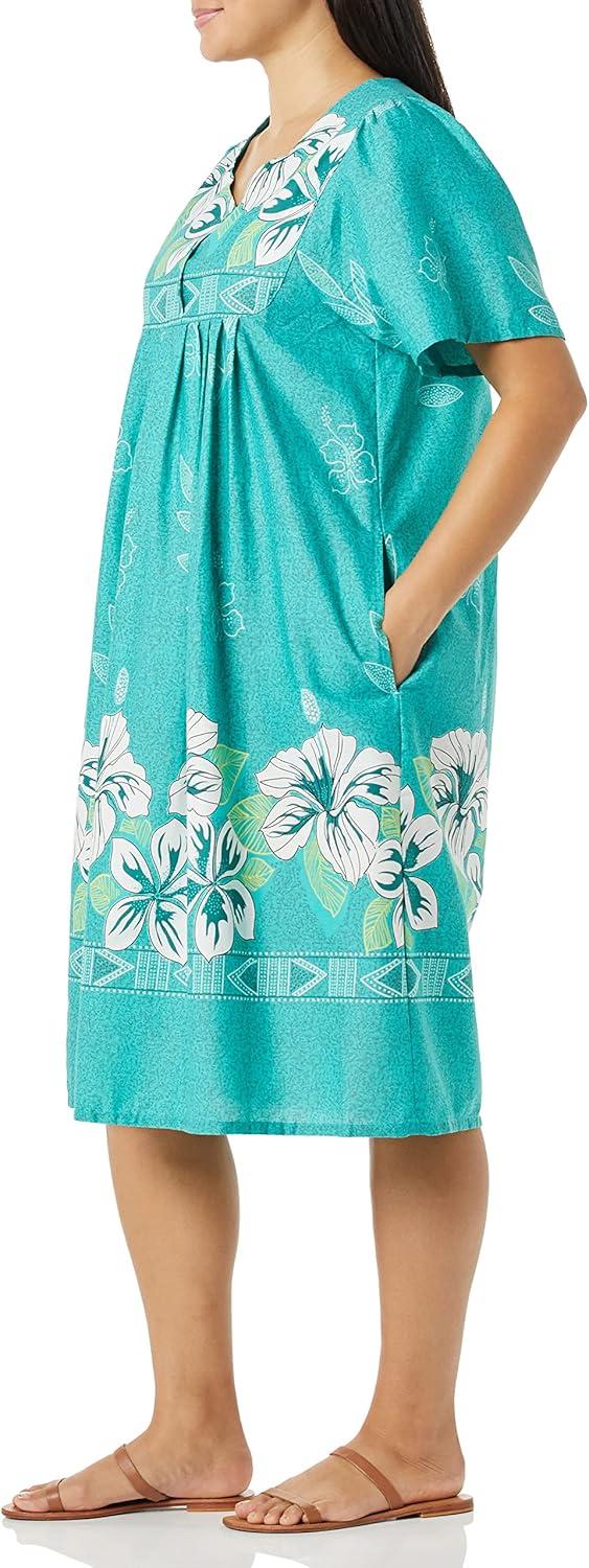 imageAmeriMark Womens Patio Dress Lounger Floral Print Border Short Sleeve amp PocketsJade