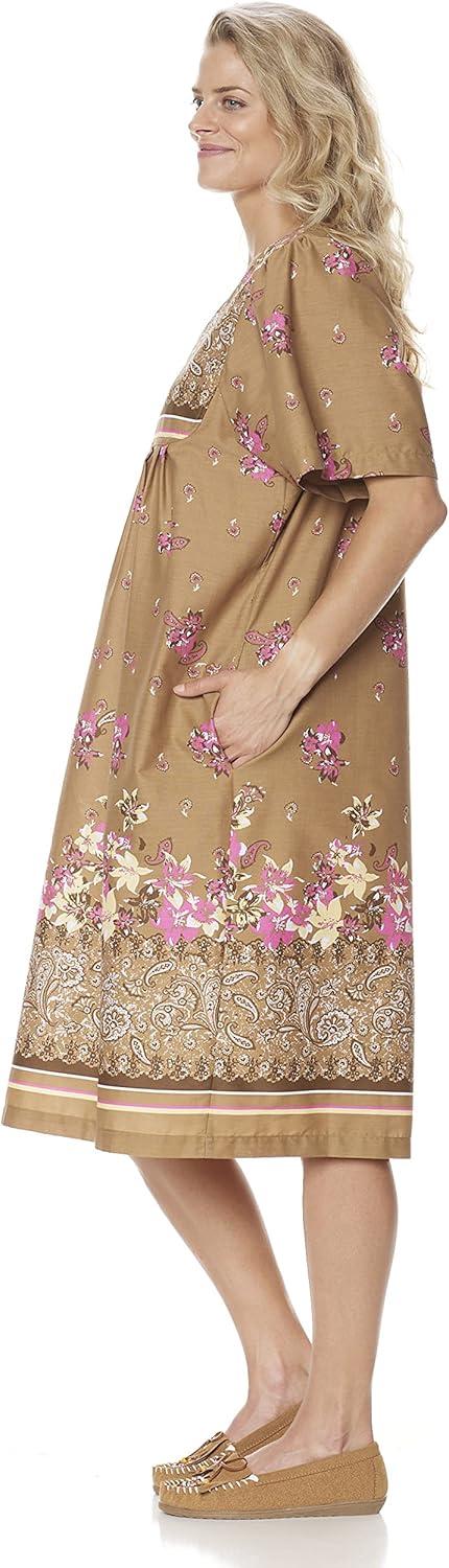 imageAmeriMark Womens Patio Dress Lounger Floral Print Border Short Sleeve amp PocketsKhaki Border