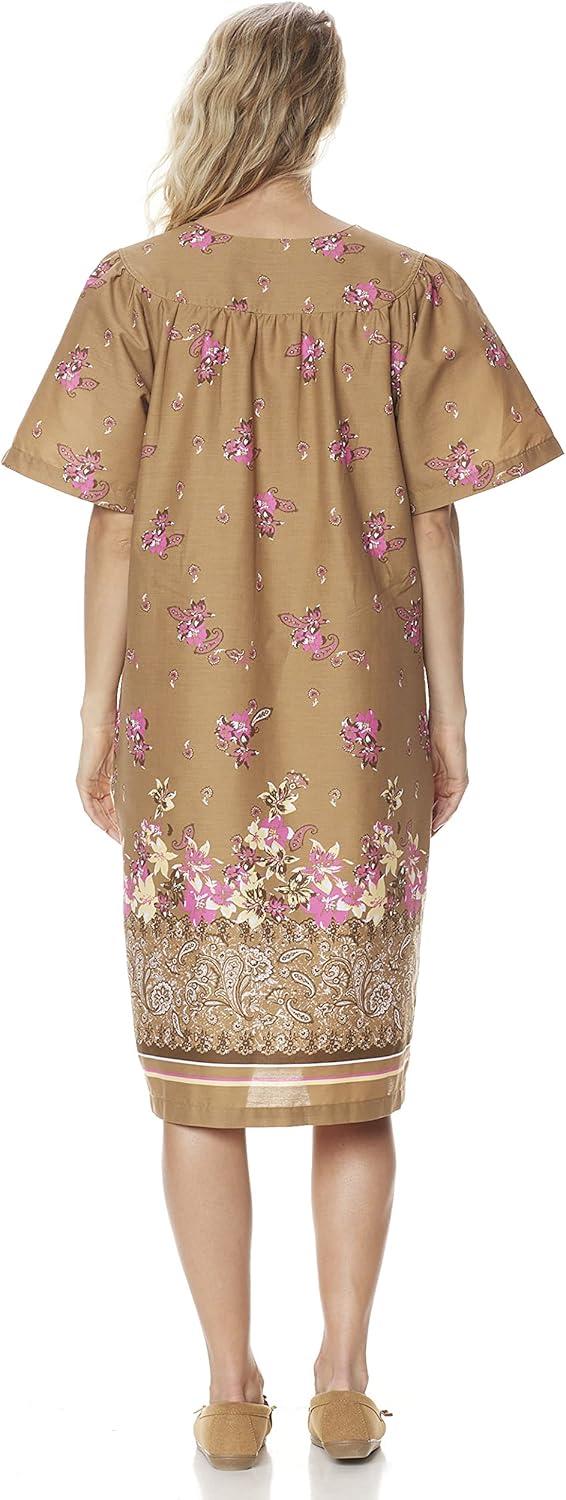 imageAmeriMark Womens Patio Dress Lounger Floral Print Border Short Sleeve amp PocketsKhaki Border