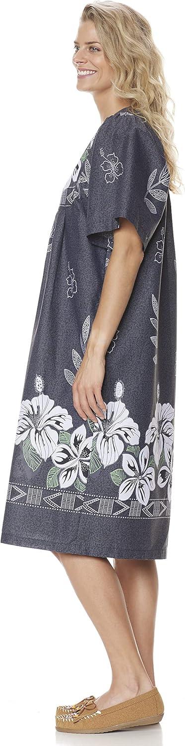 imageAmeriMark Womens Patio Dress Lounger Floral Print Border Short Sleeve amp PocketsMidnight