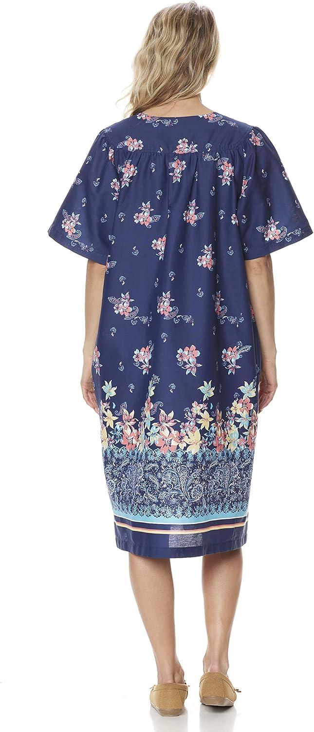 imageAmeriMark Womens Patio Dress Lounger Floral Print Border Short Sleeve amp PocketsNavy Border