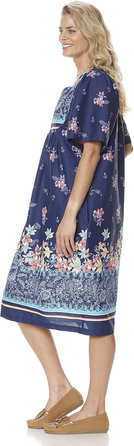 imageAmeriMark Womens Patio Dress Lounger Floral Print Border Short Sleeve amp PocketsNavy Border