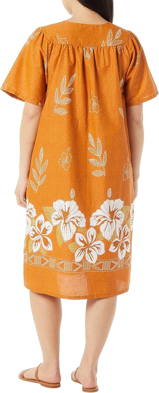 imageAmeriMark Womens Patio Dress Lounger Floral Print Border Short Sleeve amp PocketsOrange