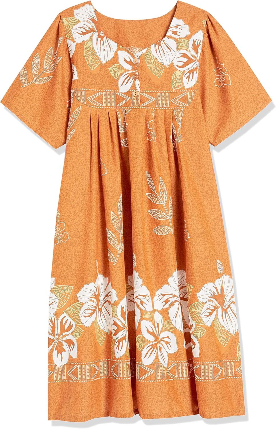 imageAmeriMark Womens Patio Dress Lounger Floral Print Border Short Sleeve amp PocketsOrange