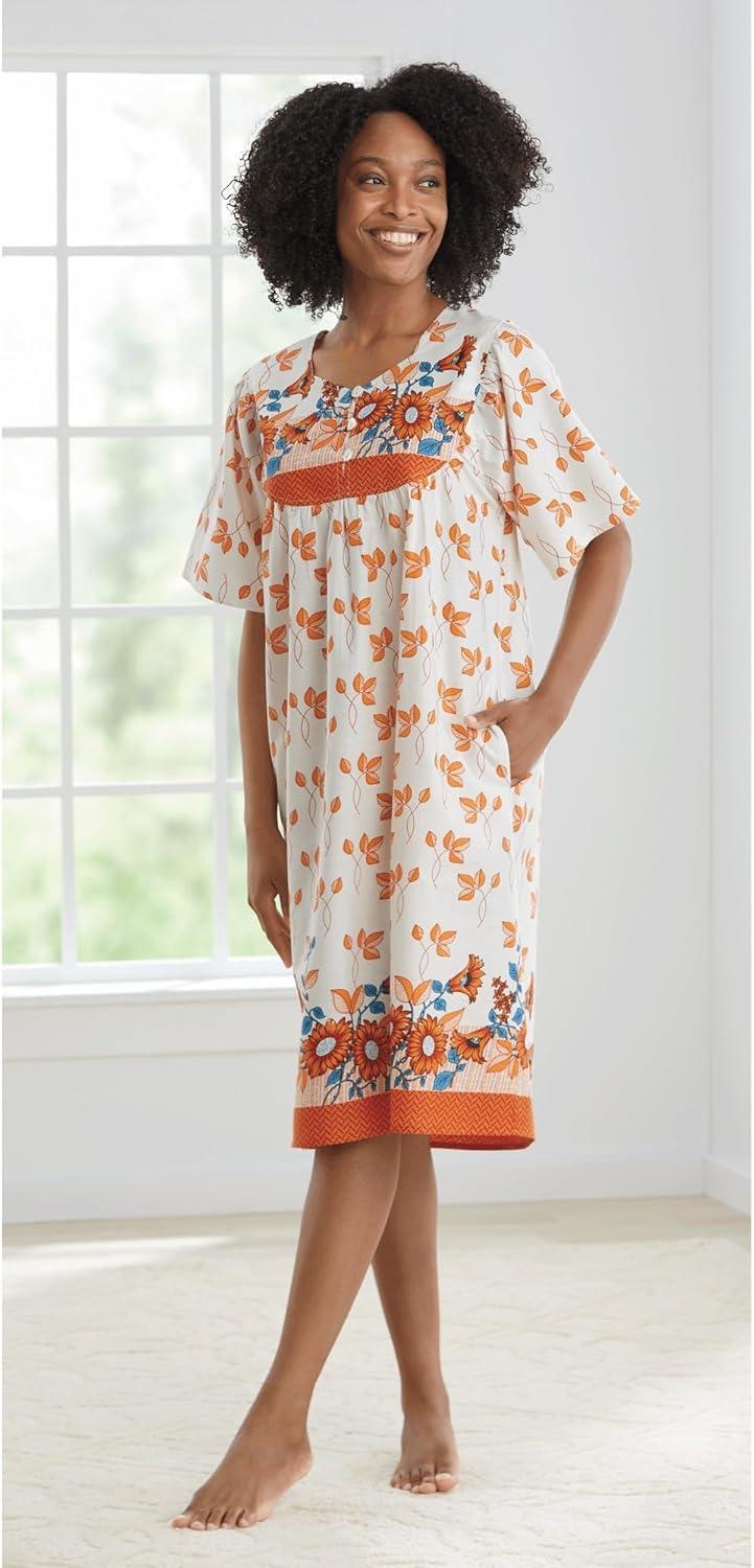 imageAmeriMark Womens Patio Dress Lounger Floral Print Border Short Sleeve amp PocketsPeach Blue Border