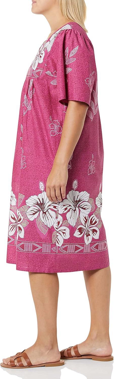 imageAmeriMark Womens Patio Dress Lounger Floral Print Border Short Sleeve amp PocketsPlumberry