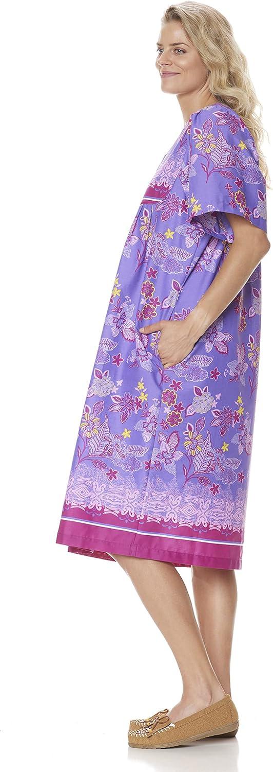 imageAmeriMark Womens Patio Dress Lounger Floral Print Border Short Sleeve amp PocketsPurple Multi