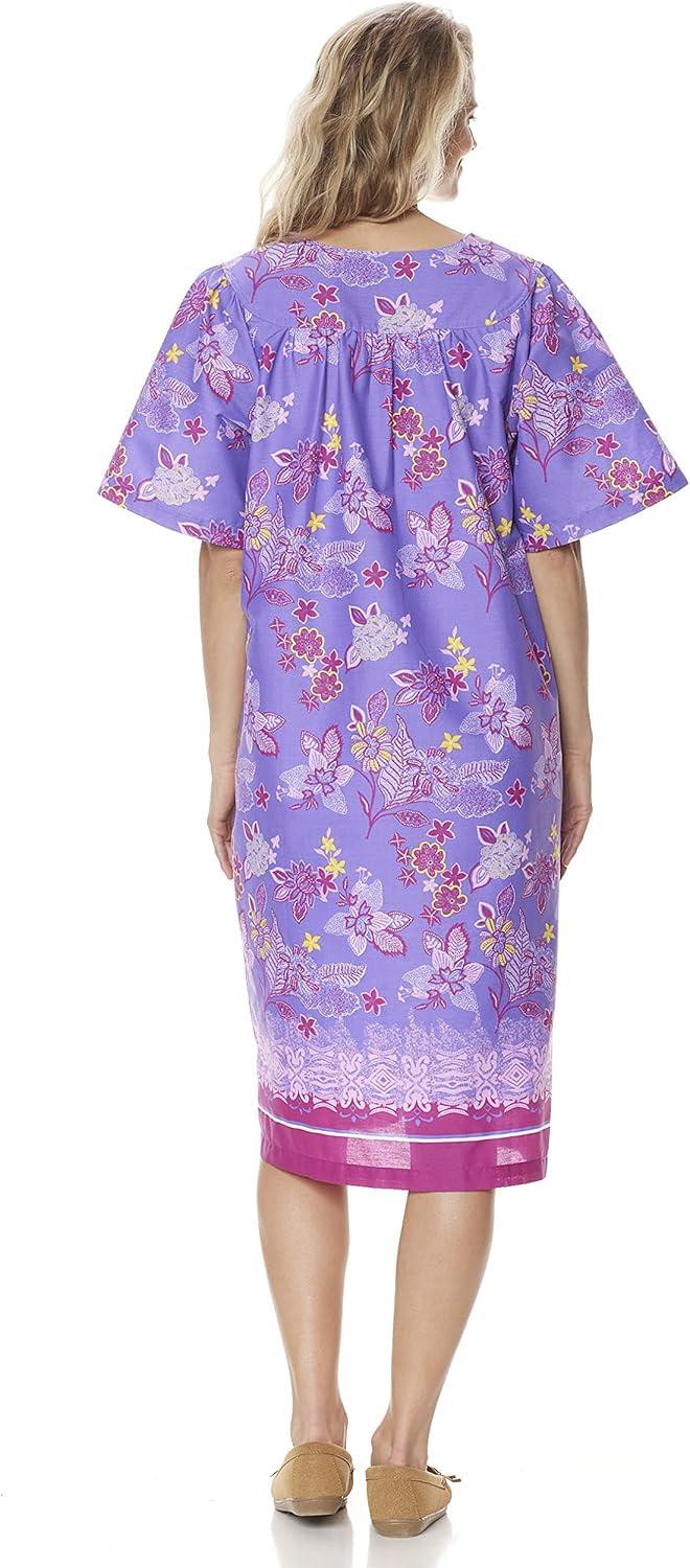 imageAmeriMark Womens Patio Dress Lounger Floral Print Border Short Sleeve amp PocketsPurple Multi