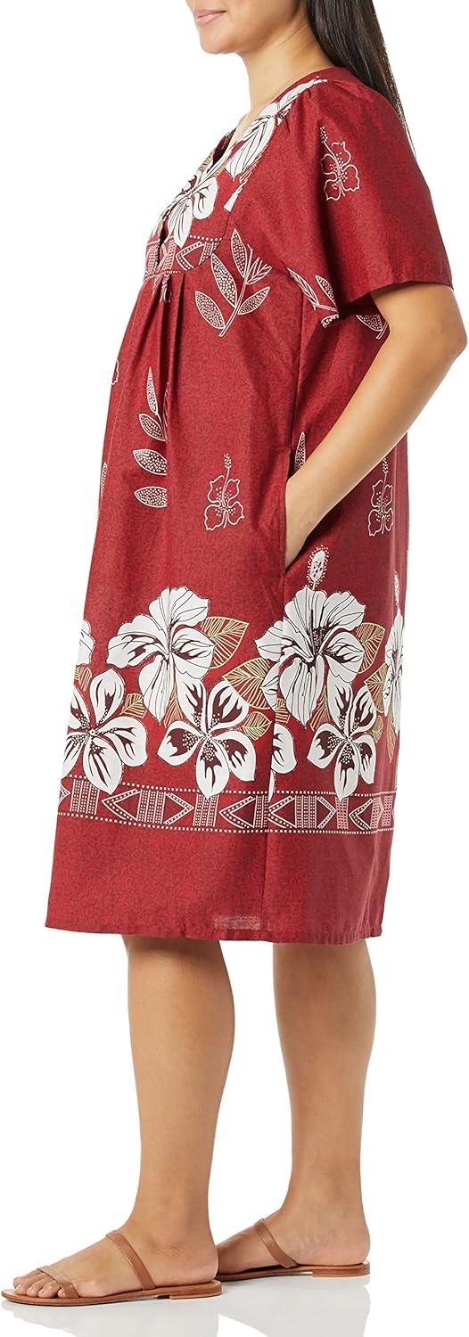imageAmeriMark Womens Patio Dress Lounger Floral Print Border Short Sleeve amp PocketsRed