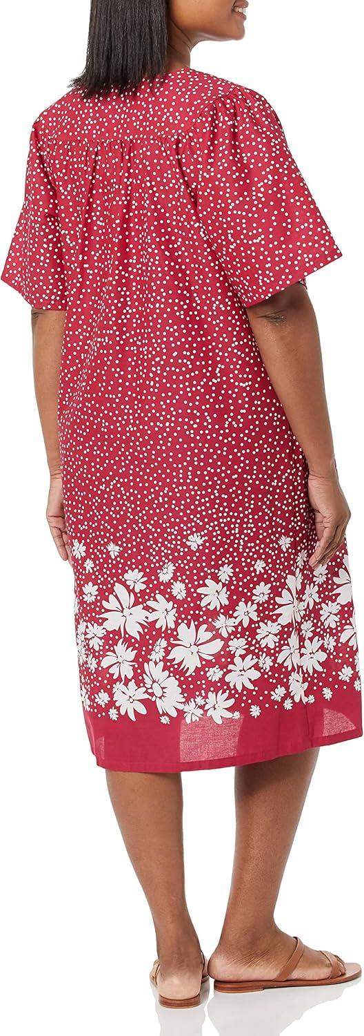 imageAmeriMark Womens Patio Dress Lounger Floral Print Border Short Sleeve amp PocketsRed Border
