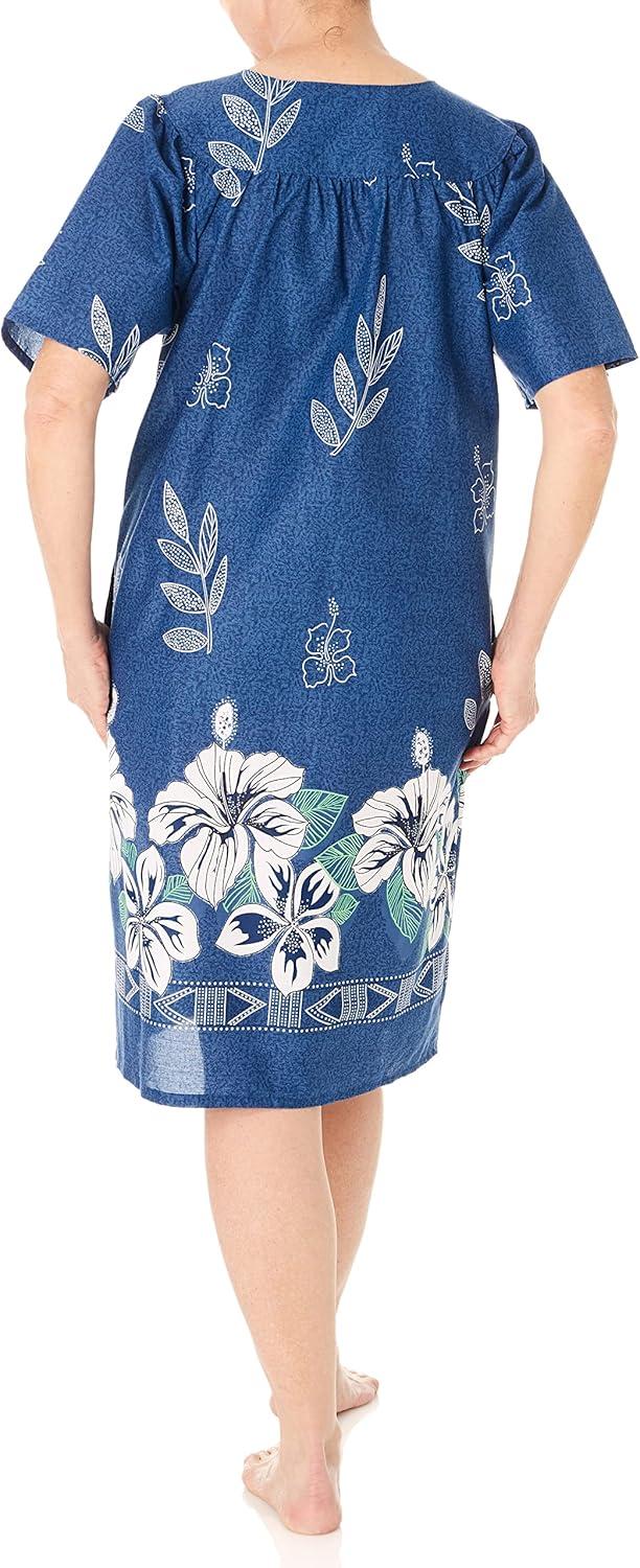 imageAmeriMark Womens Patio Dress Lounger Floral Print Border Short Sleeve amp PocketsSapphire