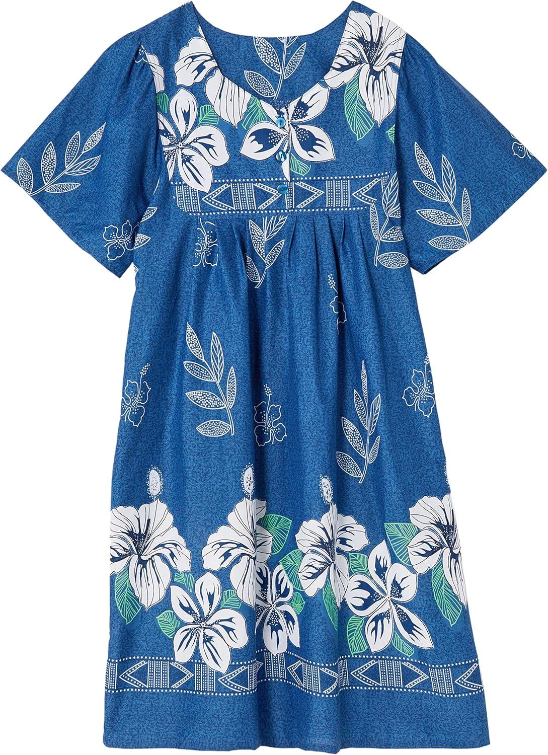 imageAmeriMark Womens Patio Dress Lounger Floral Print Border Short Sleeve amp PocketsSapphire