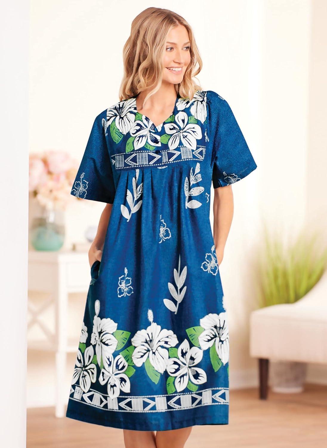 imageAmeriMark Womens Patio Dress Lounger Floral Print Border Short Sleeve amp PocketsSapphire