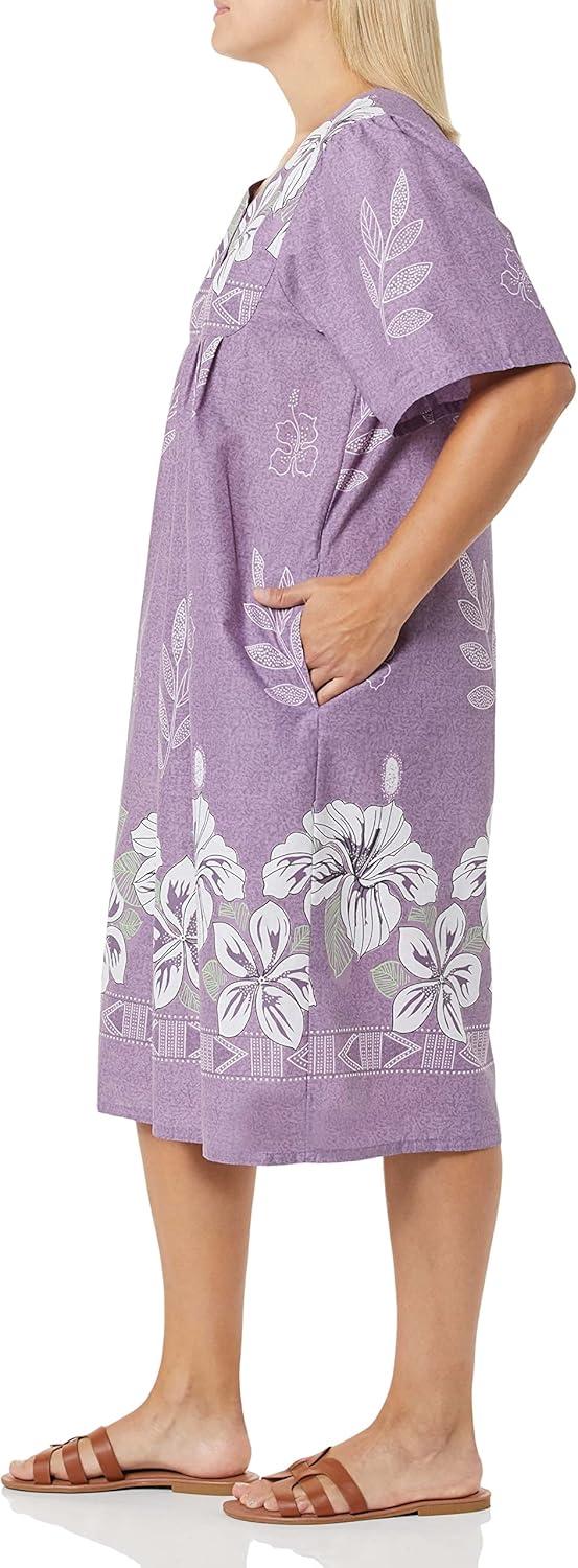 imageAmeriMark Womens Patio Dress Lounger Floral Print Border Short Sleeve amp PocketsViolet Mist