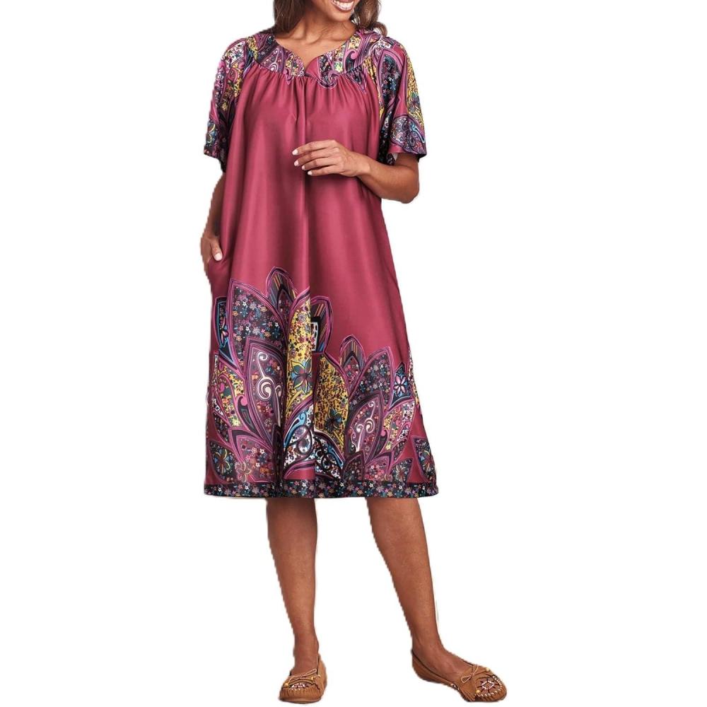 imageAmeriMark Casual Womens Patio Muumuu House Dress Loose Comfortable Short Sleeve Sun Dress Lounger Gown Sleepwear for LadiesBerry Paisley