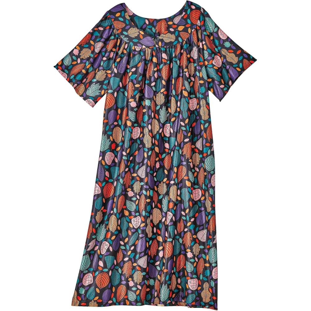 imageAmeriMark Casual Womens Patio Muumuu House Dress Loose Comfortable Short Sleeve Sun Dress Lounger Gown Sleepwear for LadiesBlack Leaf
