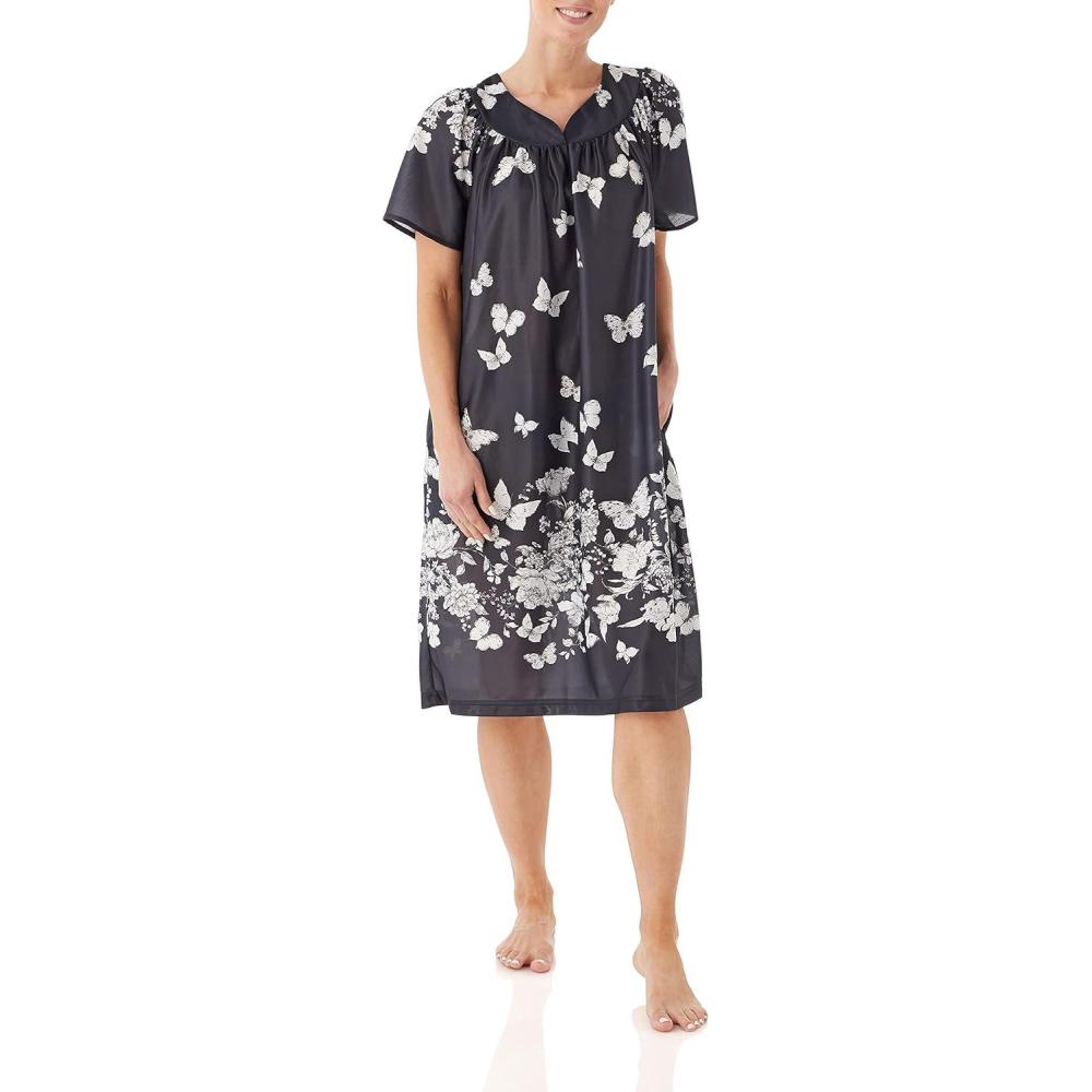 imageAmeriMark Casual Womens Patio Muumuu House Dress Loose Comfortable Short Sleeve Sun Dress Lounger Gown Sleepwear for LadiesBlack White Border