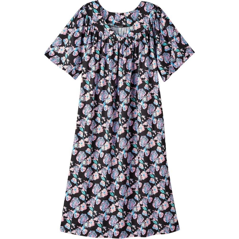 imageAmeriMark Casual Womens Patio Muumuu House Dress Loose Comfortable Short Sleeve Sun Dress Lounger Gown Sleepwear for LadiesBlackViolet Floral