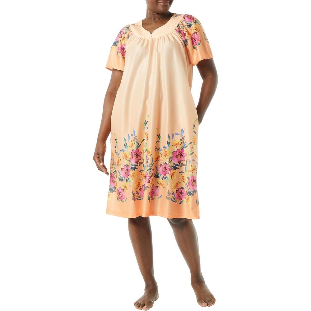 imageAmeriMark Casual Womens Patio Muumuu House Dress Loose Comfortable Short Sleeve Sun Dress Lounger Gown Sleepwear for LadiesCoral Floral Border