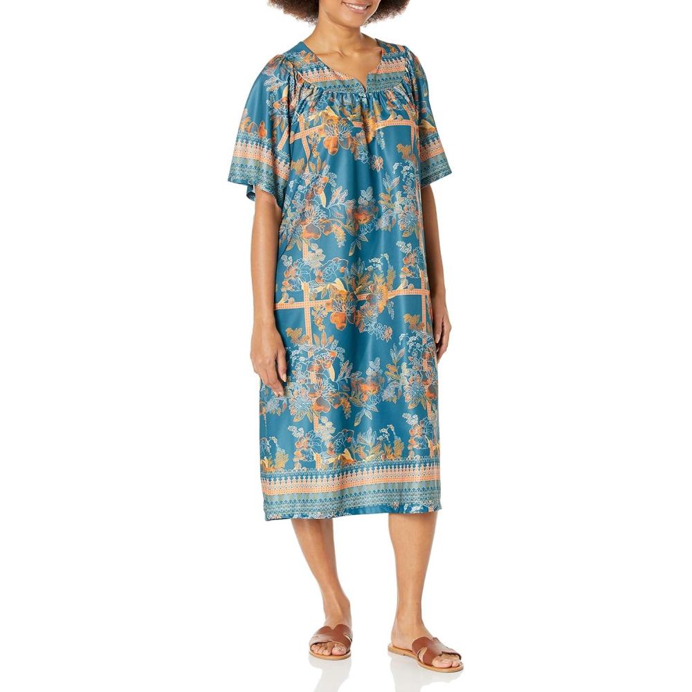 imageAmeriMark Casual Womens Patio Muumuu House Dress Loose Comfortable Short Sleeve Sun Dress Lounger Gown Sleepwear for LadiesEmerald Border